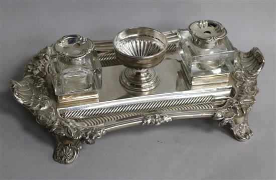 A William IV silver inkstand, by Henry Wilkinson & Co, Sheffield, 1833 and tow later pens, 17 oz.